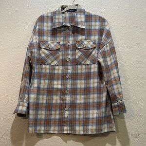 Noemi Kent Paris Orange Blue Plaid Button Front Shirt Size M